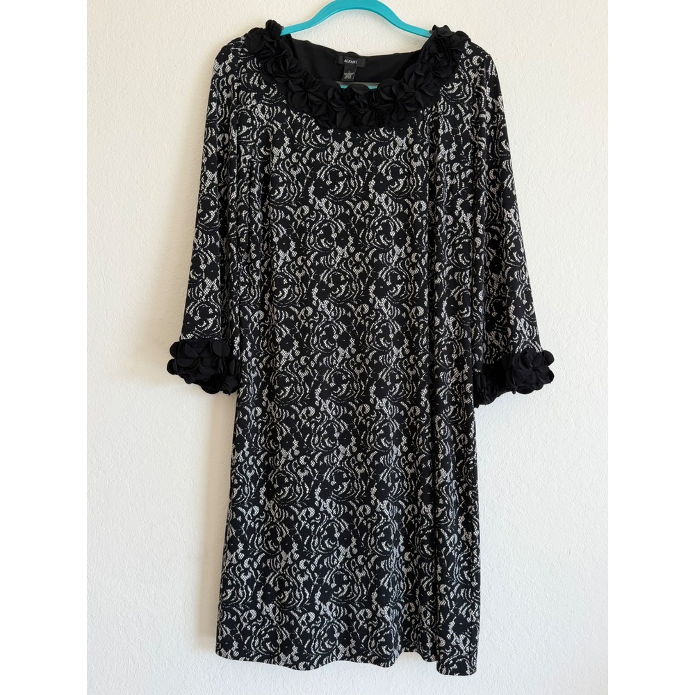 Alfani Womens Black White Lace Print Floral Applique 3/4 Sleeve Shift Dress L